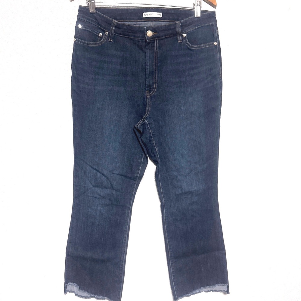 Nine West Kick Flare Jeans Dark Wash Distressed Raw Hem Women's Size 14